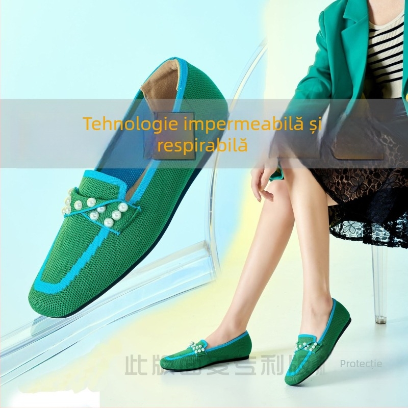 Loafers dama cu vârf pătrat, tricotate, talpă plată, impermeabile și respirabile, realizate manual, slip-on