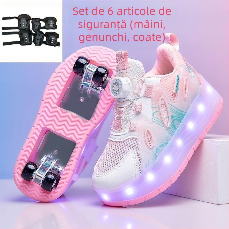 Pantofi cu role pentru fete, cu lumini, design cu patru roți și roți retractabile prin atingere