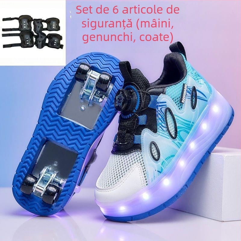 Pantofi cu role pentru fete, cu lumini, design cu patru roți și roți retractabile prin atingere
