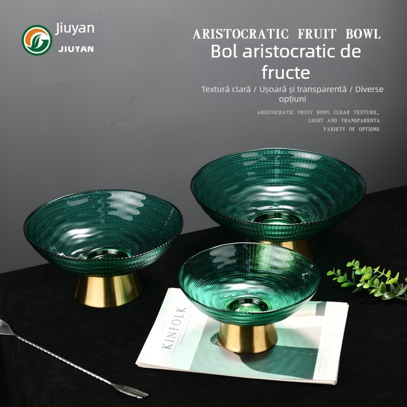 Farfurie de fructe din sticlă, stil nordic nobil, cu suport înalt – prezentare elegantă pentru fructe și gustări