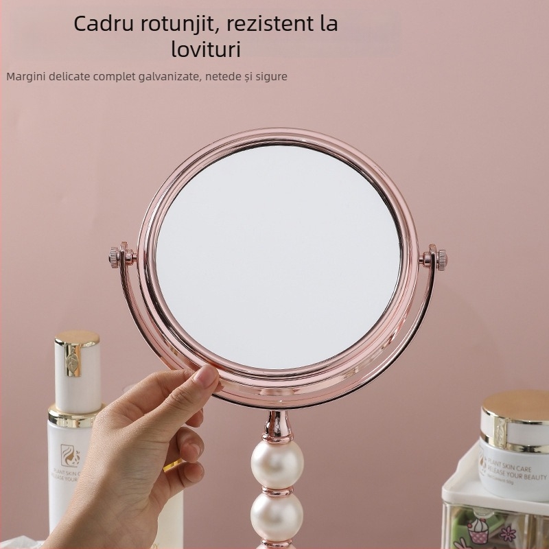 Oglindă de machiaj cu două fețe, pe stâlp perlat, stil european, mărire 2x, înaltă definiție