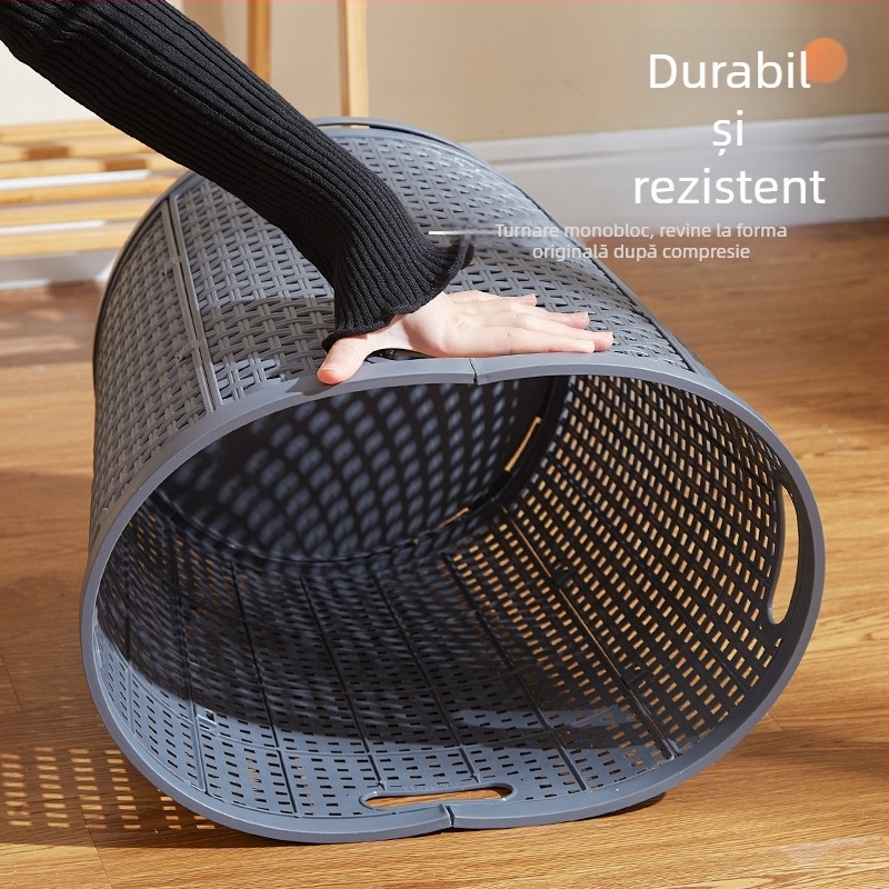 Coș de rufe din plastic, aspect de ratan, capacitate mare pentru haine și jucării