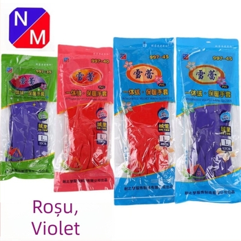 Xuelei 997 Mănuși din PVC cu fleece, călduroase pentru uz casnic, pentru spălat vase, roșu și mov