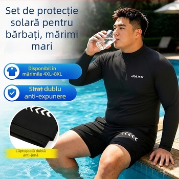Costum de baie masculin în mărime mare cu fermoar și mâneci lungi, două piese – slip de înot cu dublă căptușeală pentru discreție și protecție solară