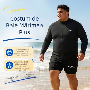 Costum de baie masculin în mărime mare cu fermoar și mâneci lungi, două piese – slip de înot cu dublă căptușeală pentru discreție și protecție solară