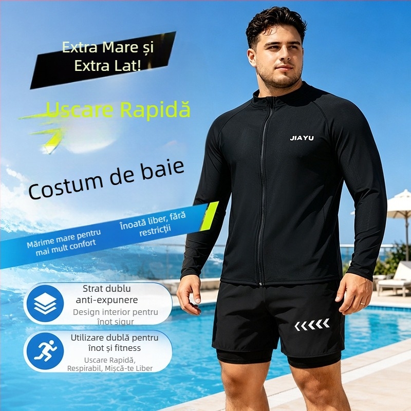 Costum de baie masculin în mărime mare cu fermoar și mâneci lungi, două piese – slip de înot cu dublă căptușeală pentru discreție și protecție solară