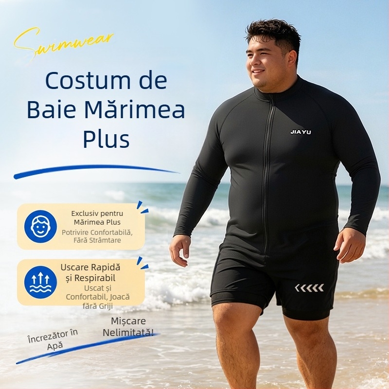 Costum de baie masculin în mărime mare cu fermoar și mâneci lungi, două piese – slip de înot cu dublă căptușeală pentru discreție și protecție solară