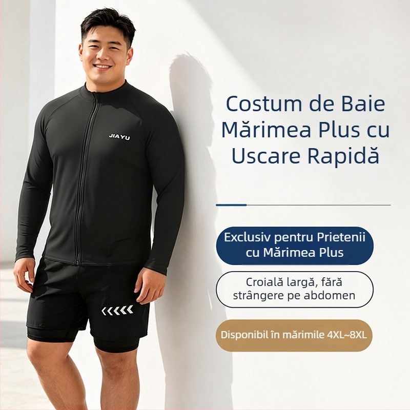 Costum de baie masculin în mărime mare cu fermoar și mâneci lungi, două piese – slip de înot cu dublă căptușeală pentru discreție și protecție solară