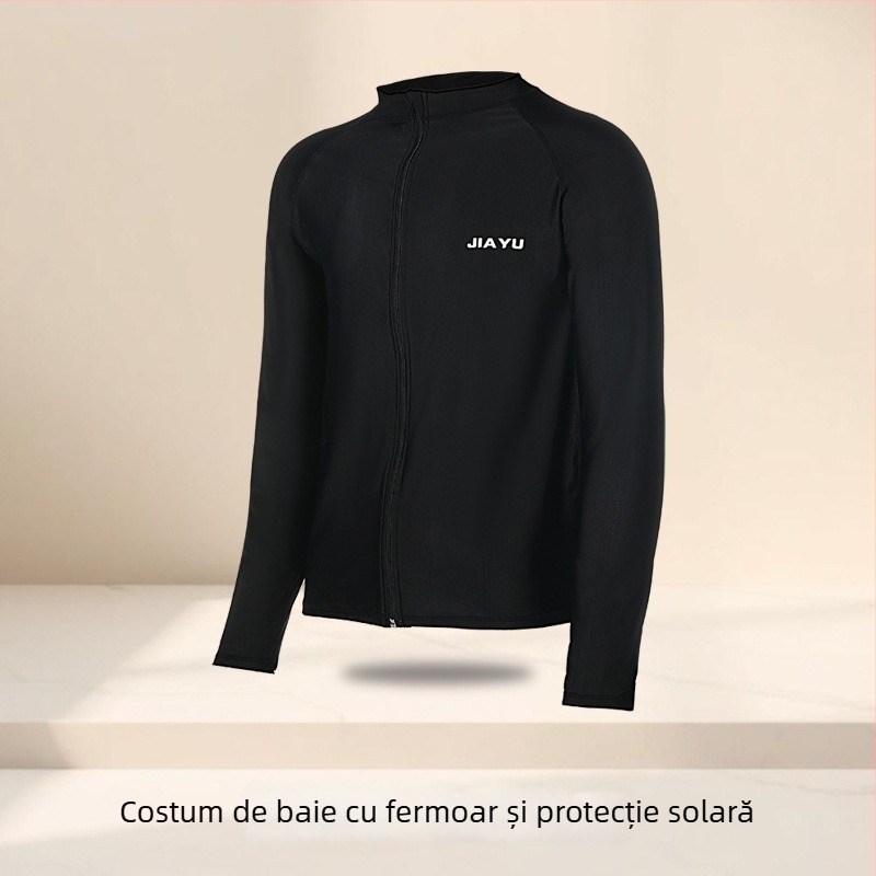 Costum de baie masculin în mărime mare cu fermoar și mâneci lungi, două piese – slip de înot cu dublă căptușeală pentru discreție și protecție solară