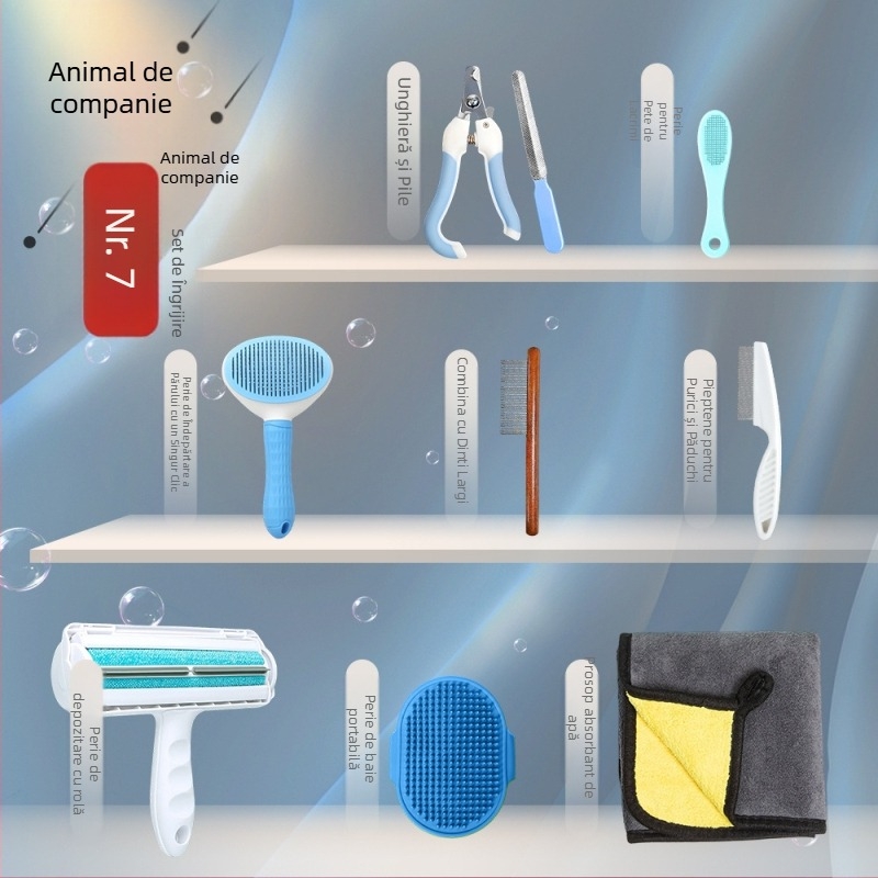 Kit de îngrijire pentru animale de companie: pieptene descurcător, perie pentru păr, foarfecă de tuns, tăietor de unghii, set de îngrijire pentru pisică și câine