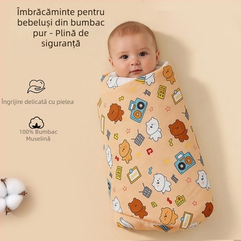 Swaddle pentru nou-născuți din bumbac pur, țesătură ușoară pentru primăvară-vară, dublu strat