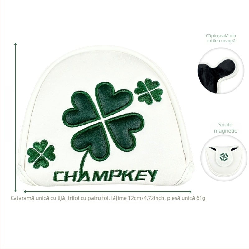 Husă pentru capul de putter cu trifoi cu patru foi și text, design semicircular pătrat, accesoriu golf