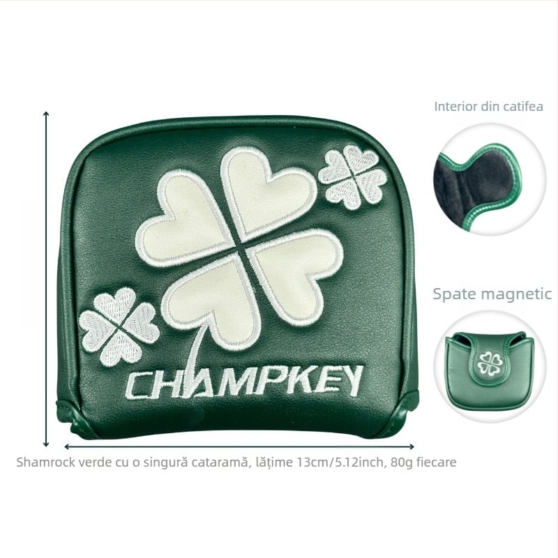 Husă pentru capul de putter cu trifoi cu patru foi și text, design semicircular pătrat, accesoriu golf