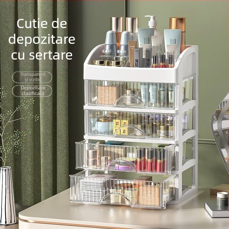Organizator de cosmetice pentru birou cu sertare, depozitare în mai multe niveluri pentru bijuterii, ruj și îngrijire a pielii.