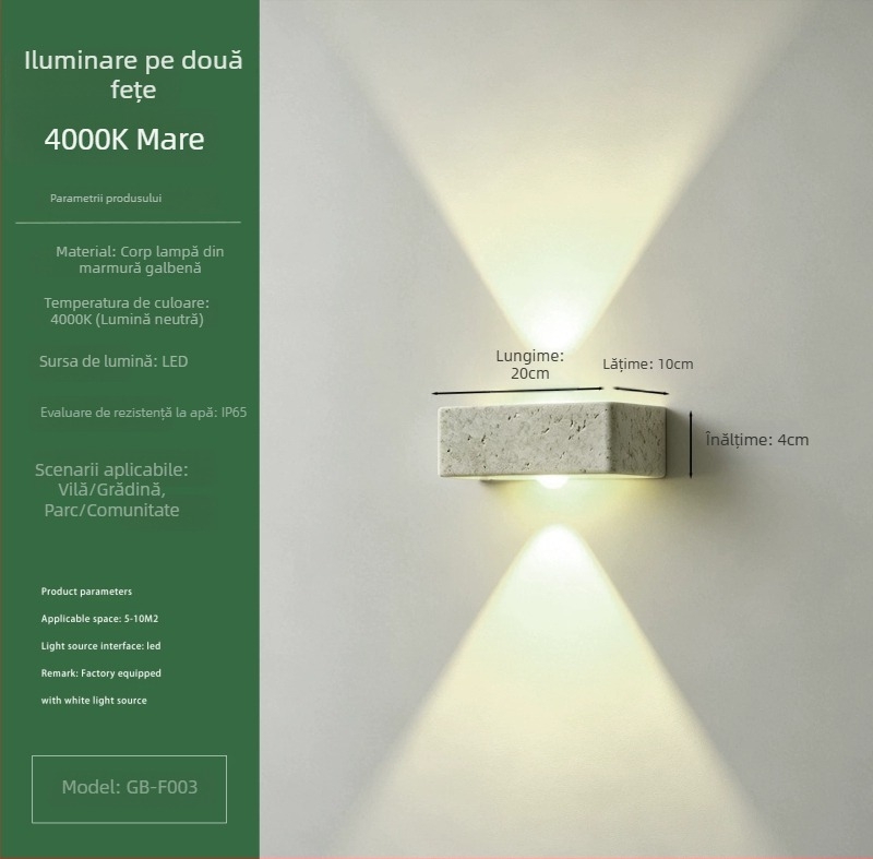 Lampa de perete exterioară din travertin, IP65, curte de vilă, stil Wabi-Sabi, montare pe perete