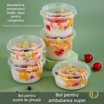 Vas de plastic rotund, gros, pentru takeout, cu capac, pentru desert cu pudră de gheață