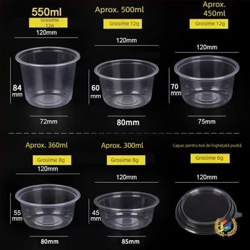 Vas de plastic rotund, gros, pentru takeout, cu capac, pentru desert cu pudră de gheață