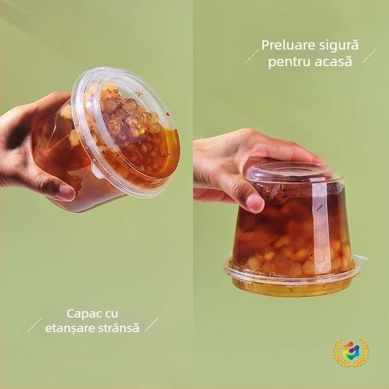 Vas de plastic rotund, gros, pentru takeout, cu capac, pentru desert cu pudră de gheață