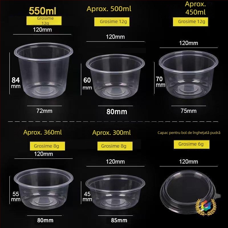 Vas de plastic rotund, gros, pentru takeout, cu capac, pentru desert cu pudră de gheață