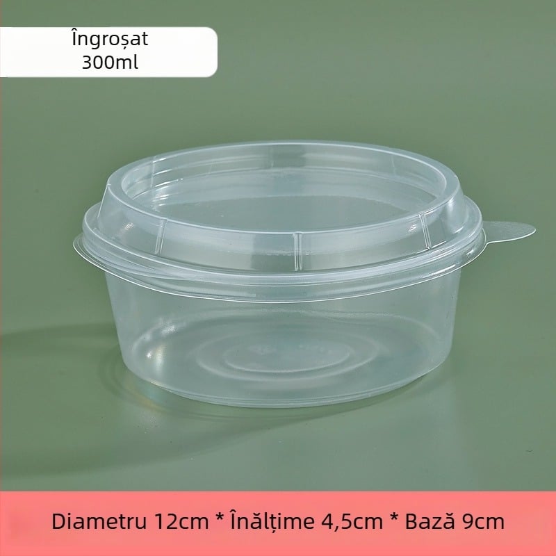 Vas de plastic rotund, gros, pentru takeout, cu capac, pentru desert cu pudră de gheață