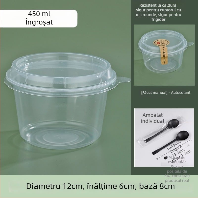 Vas de plastic rotund, gros, pentru takeout, cu capac, pentru desert cu pudră de gheață