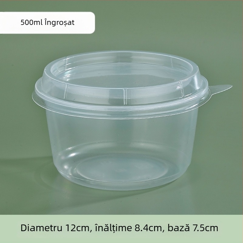 Vas de plastic rotund, gros, pentru takeout, cu capac, pentru desert cu pudră de gheață