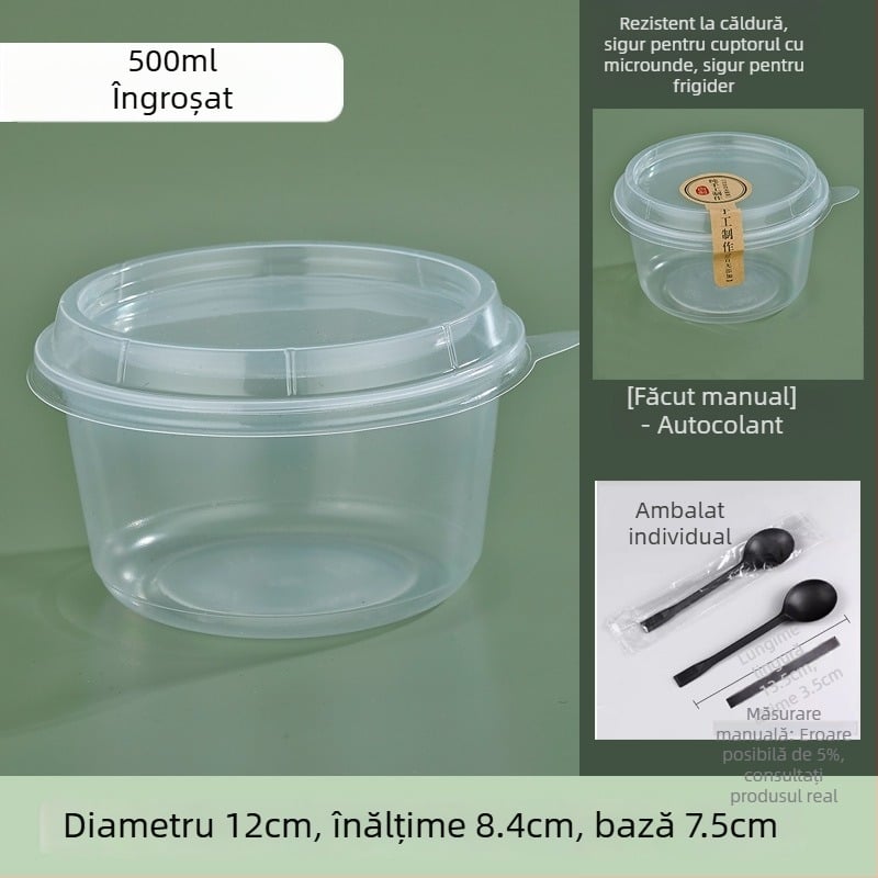 Vas de plastic rotund, gros, pentru takeout, cu capac, pentru desert cu pudră de gheață