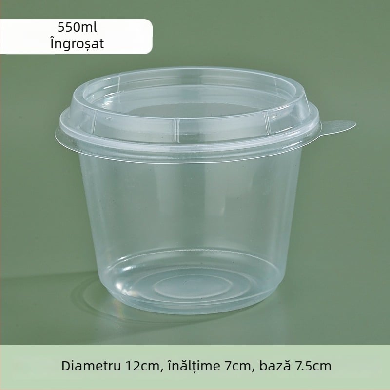 Vas de plastic rotund, gros, pentru takeout, cu capac, pentru desert cu pudră de gheață
