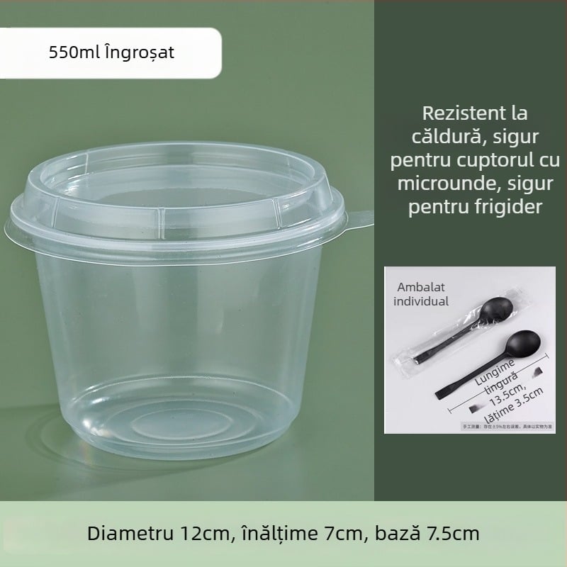 Vas de plastic rotund, gros, pentru takeout, cu capac, pentru desert cu pudră de gheață