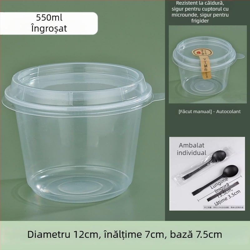 Vas de plastic rotund, gros, pentru takeout, cu capac, pentru desert cu pudră de gheață