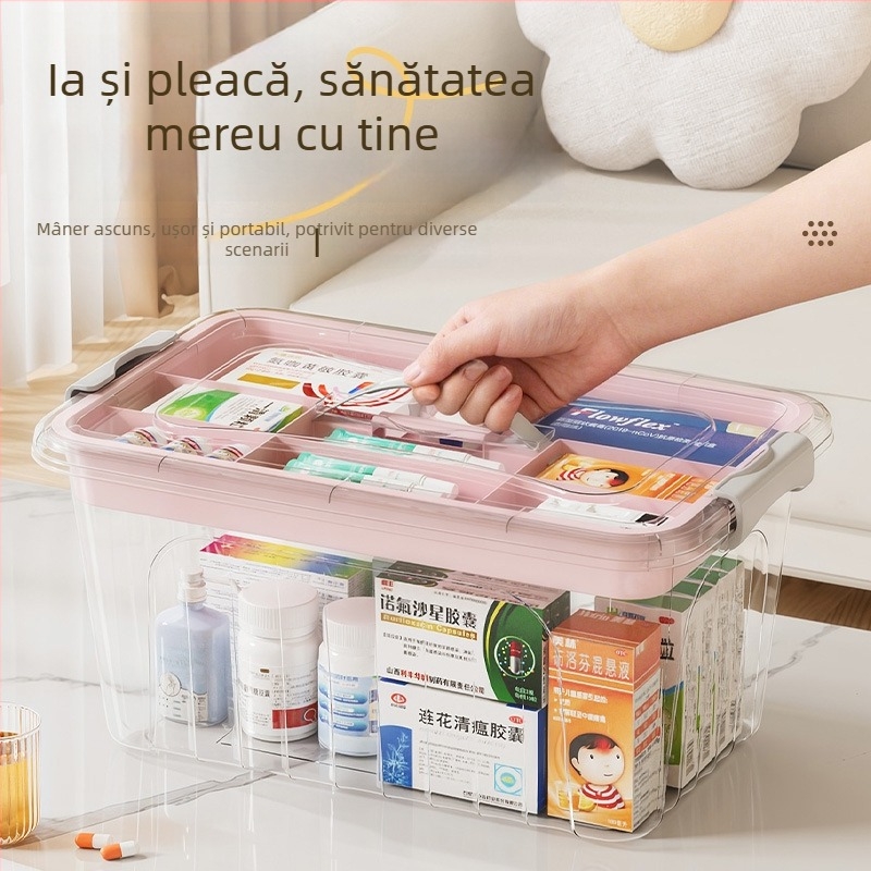 Cutie medicală transparentă, portabilă, pentru uz casnic, capacitate mare, cutie de prim ajutor cu mai multe compartimente pentru depozitare.