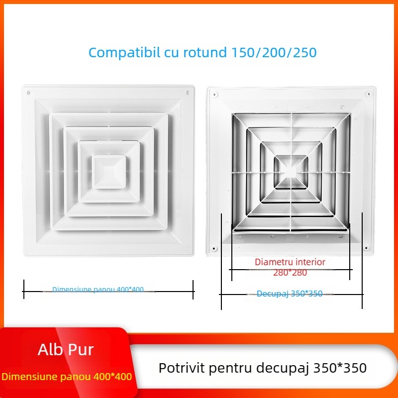 Difuzor ABS pătrat, adaptor din plastic pătrat-rotund și robinet reglabil pentru ieșirea de aer a sistemului central de climatizare suspendat