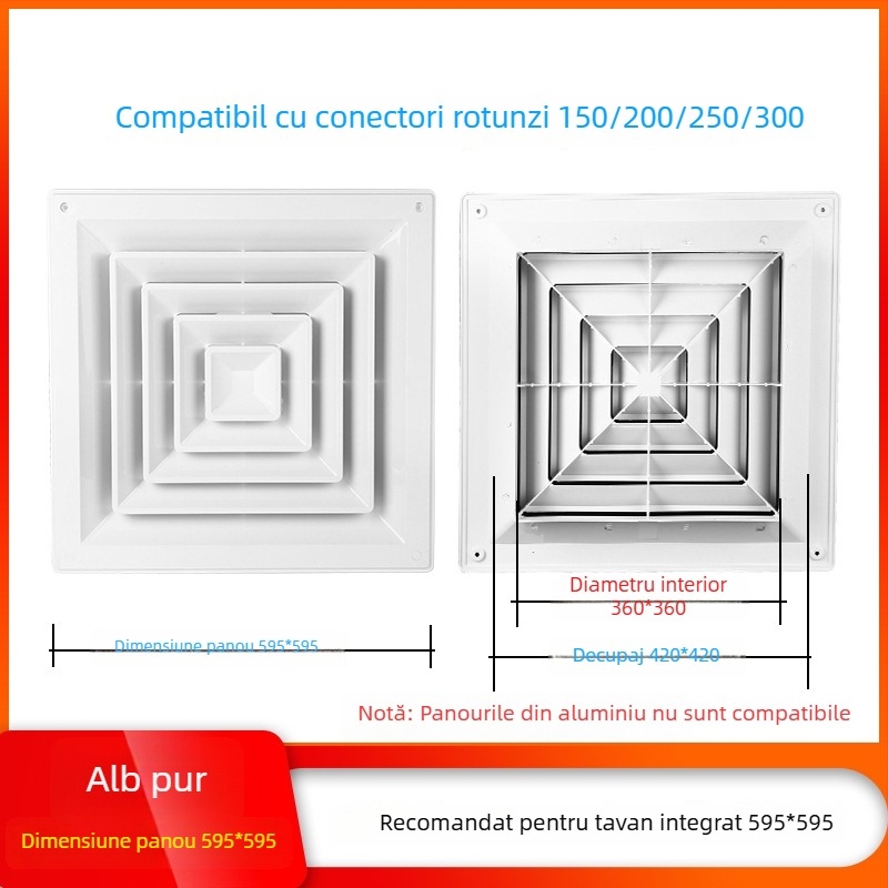 Difuzor ABS pătrat, adaptor din plastic pătrat-rotund și robinet reglabil pentru ieșirea de aer a sistemului central de climatizare suspendat