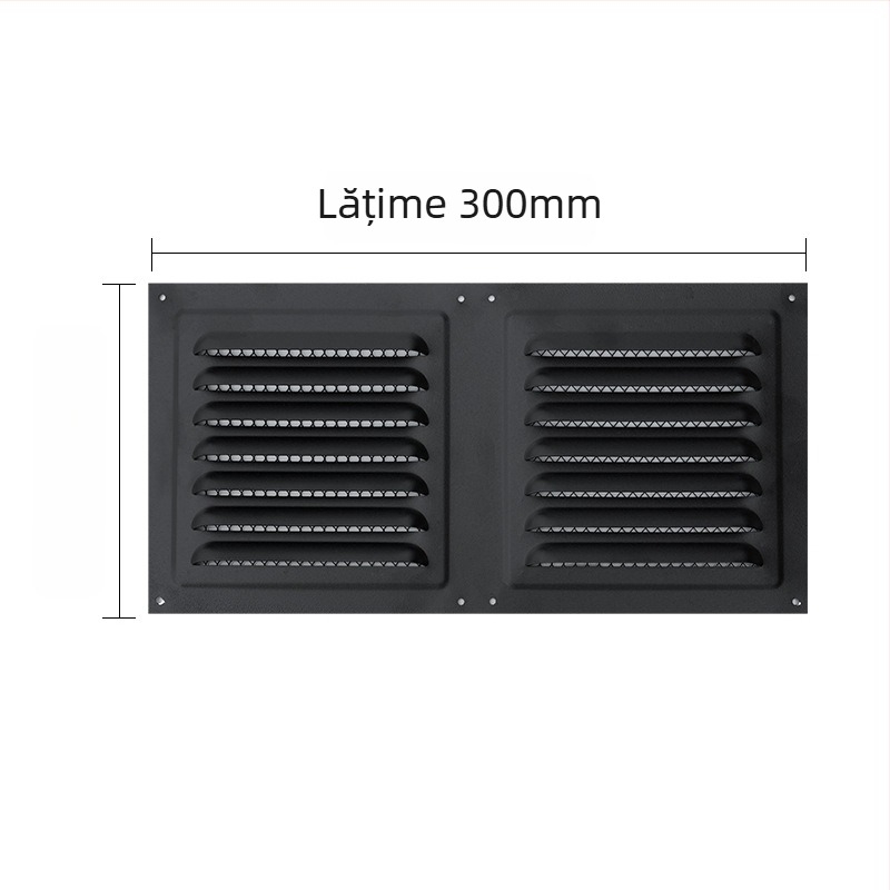 Orificiu de ventilație pentru perete exterior, lamelă plată neagră, grilaj metalic de evacuare