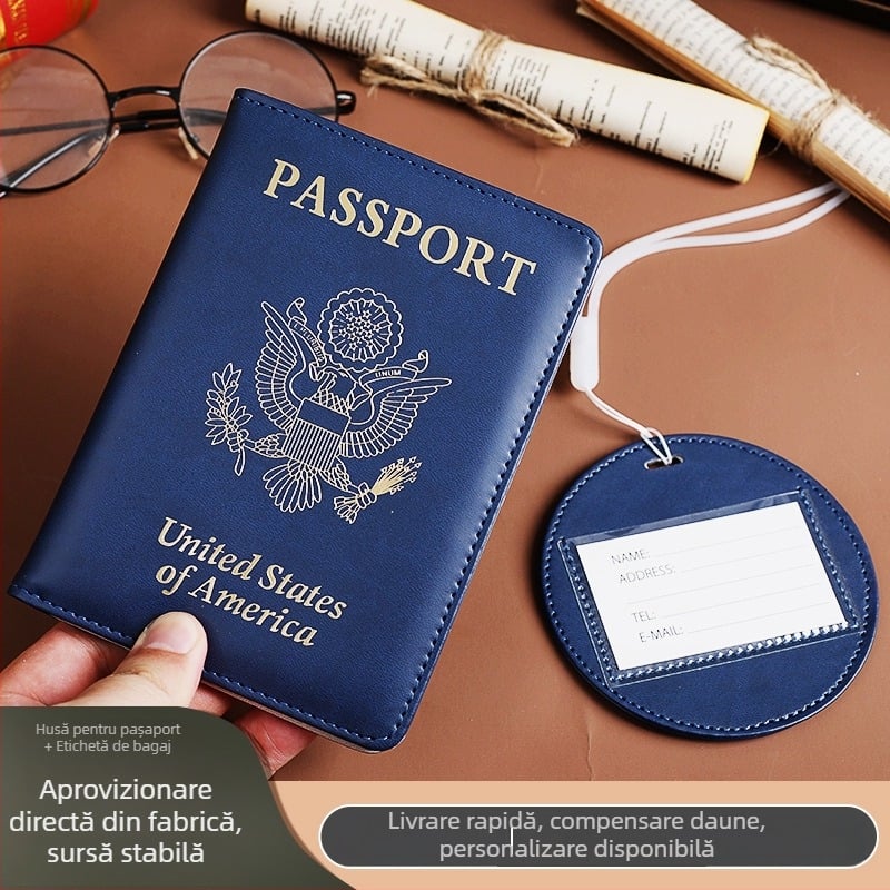 Carcasă de pașaport PU groasă pentru pașaportul american, suport pentru cardul de vaccin, geantă de pașaport și etichetă de bagaj, logo personalizat