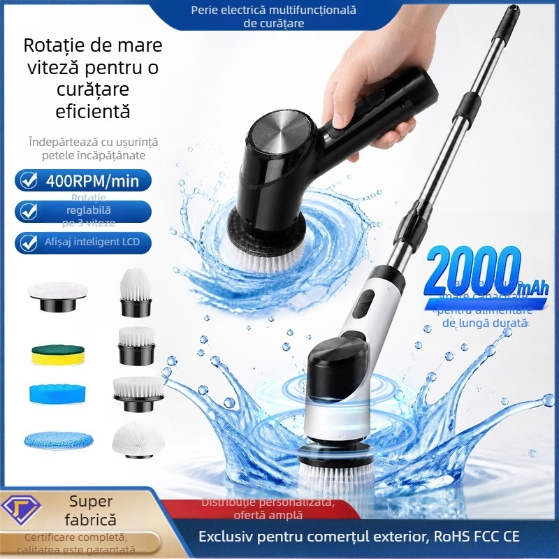 Perie electrică de curățare cu bilă de oțel, capete multiple, mâner lung, pentru bucătărie și baie