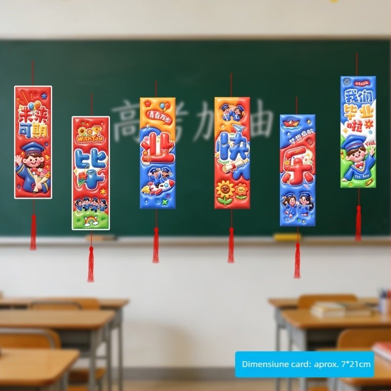 Set de decorațiuni pentru absolvire pentru sala de clasă: ghirlande, panglici, fibre pufoase și carduri atârnătoare