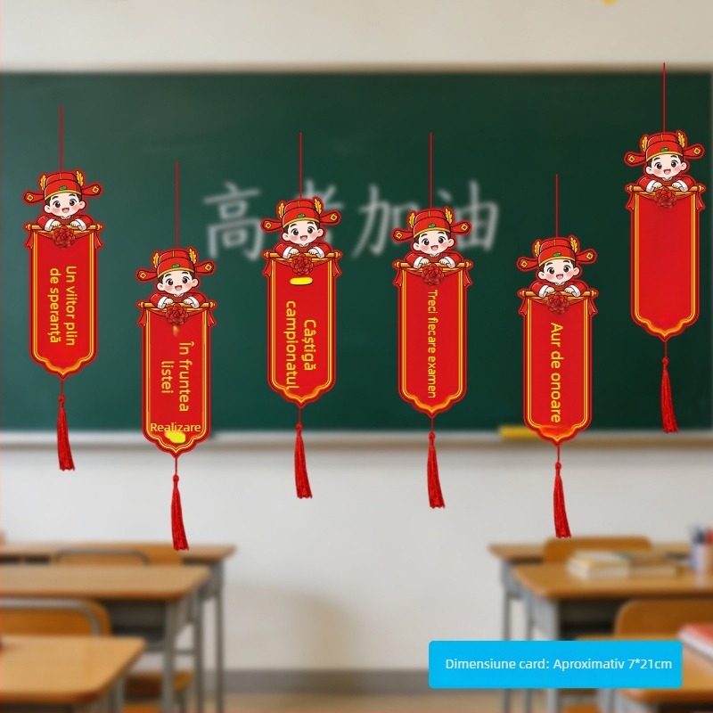 Set de decorațiuni pentru absolvire pentru sala de clasă: ghirlande, panglici, fibre pufoase și carduri atârnătoare