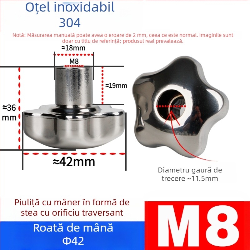 Volan de mână din oțel inoxidabil 304, cu orificiu trecător, mâner în formă de floare și în formă de stea, capac de șurub, buton de învârtire manual, piuliță de blocare