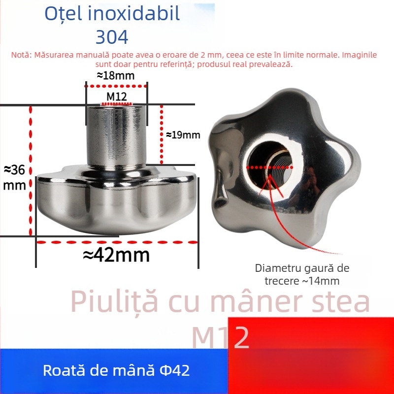 Volan de mână din oțel inoxidabil 304, cu orificiu trecător, mâner în formă de floare și în formă de stea, capac de șurub, buton de învârtire manual, piuliță de blocare