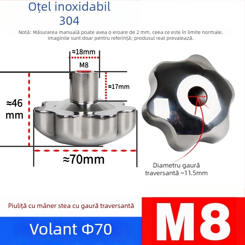Volan de mână din oțel inoxidabil 304, cu orificiu trecător, mâner în formă de floare și în formă de stea, capac de șurub, buton de învârtire manual, piuliță de blocare