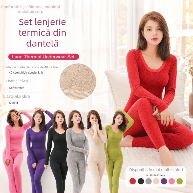 Set de lenjerie termică din dantelă, cu fundă mare, modelare a corpului, pentru toamnă și primăvară
