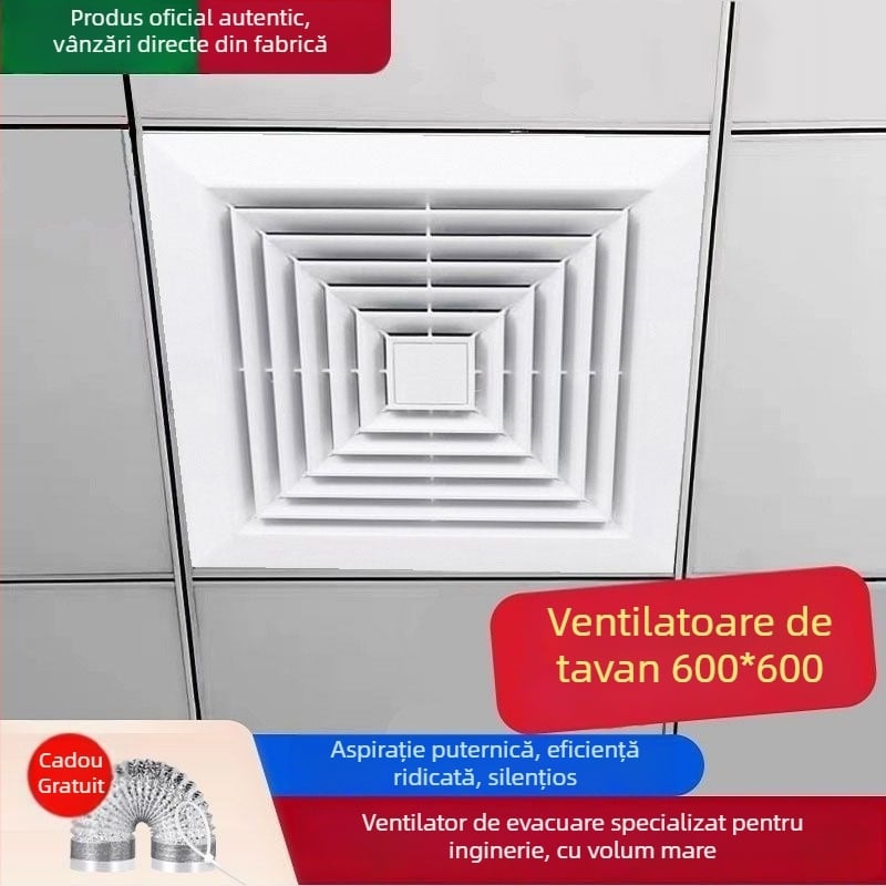 Ventilator de tavan integrat 600x600, panou din aluminiu și gips-carton, pentru baie, 30x30