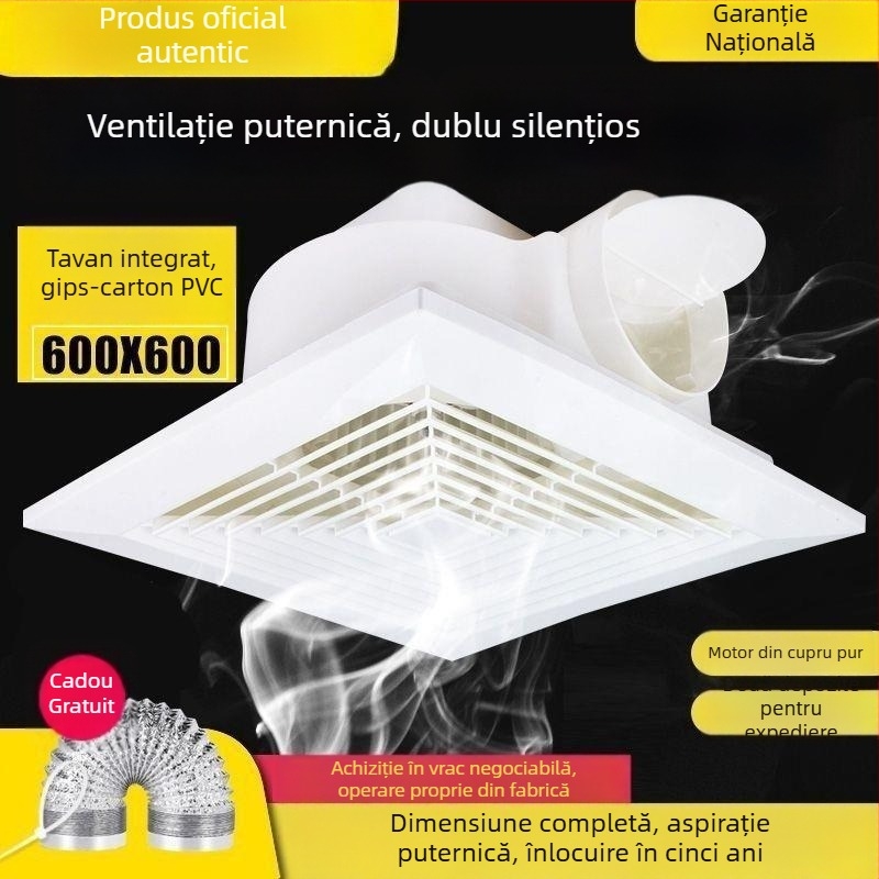 Ventilator de tavan integrat 600x600, panou din aluminiu și gips-carton, pentru baie, 30x30