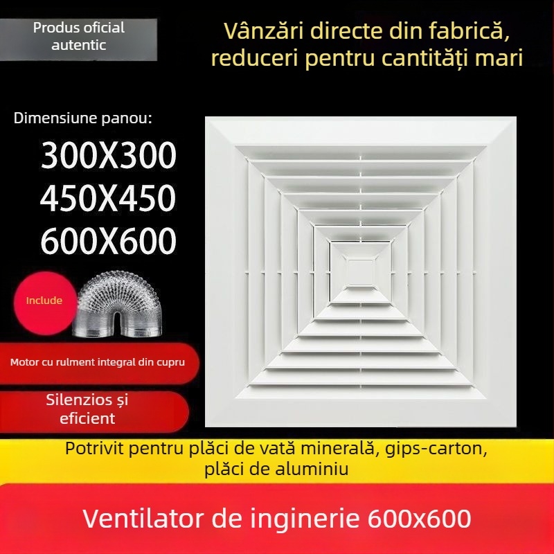 Ventilator de tavan integrat 600x600, panou din aluminiu și gips-carton, pentru baie, 30x30