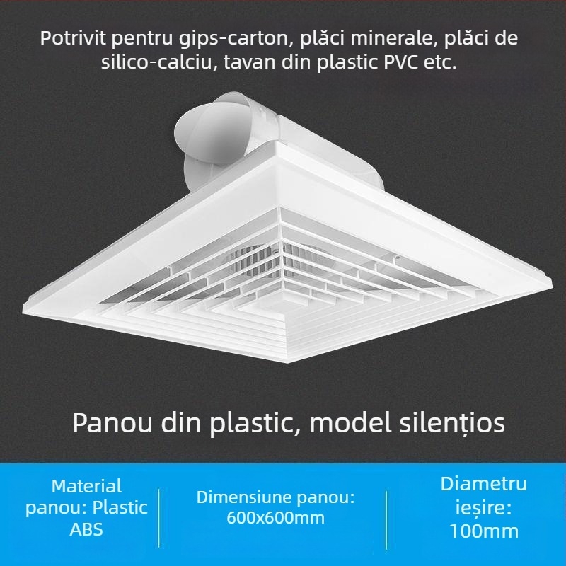 Ventilator de tavan integrat 600x600, panou din aluminiu și gips-carton, pentru baie, 30x30