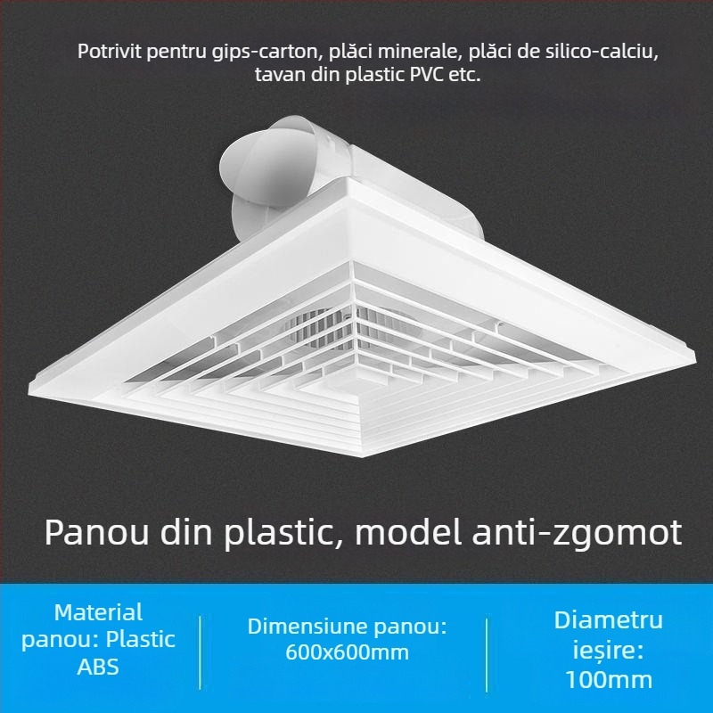 Ventilator de tavan integrat 600x600, panou din aluminiu și gips-carton, pentru baie, 30x30