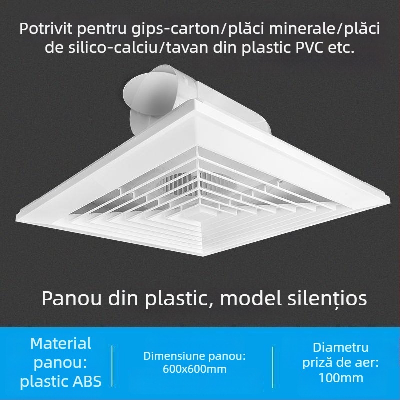Ventilator de tavan integrat 600x600, panou din aluminiu și gips-carton, pentru baie, 30x30