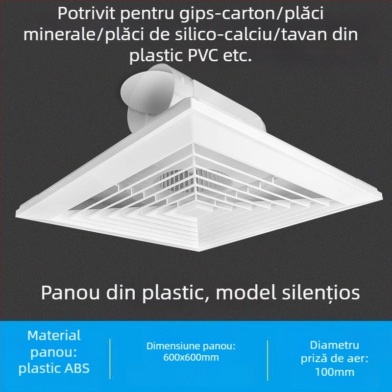 Ventilator de tavan integrat 600x600, panou din aluminiu și gips-carton, pentru baie, 30x30