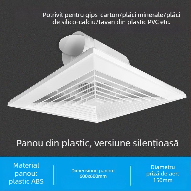 Ventilator de tavan integrat 600x600, panou din aluminiu și gips-carton, pentru baie, 30x30